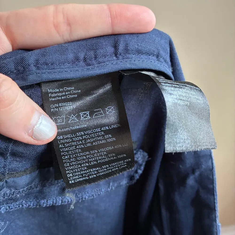 H&M linen blend navy wide leg trousers women's 6 pockets casual missing button